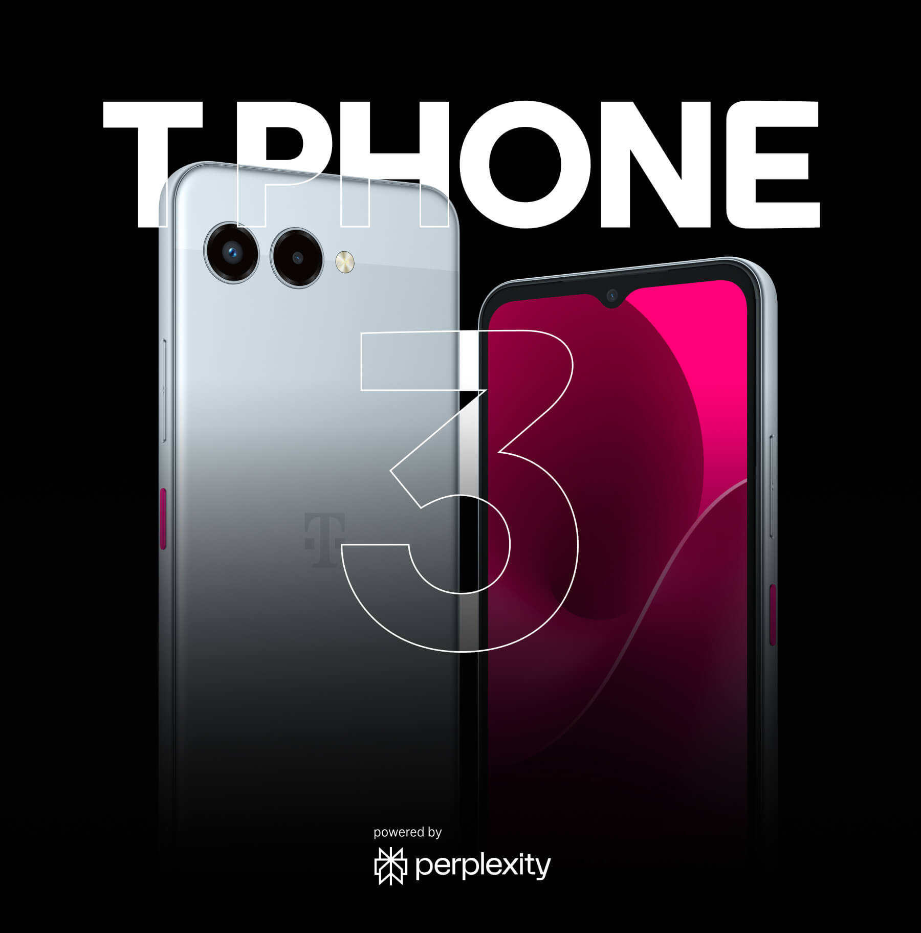 H εικόνα του T Phone 3. Δείχνει την ασημί πλάτη με λογότυπο Τ και τη φωτισμένη οθόνη της συσκευής, με τον αριθμό 3 να δεσπόζει στο κέντρο. Στο κάτω μέρος αναγράφεται ' «Με τεχνολογία perplexity» 
