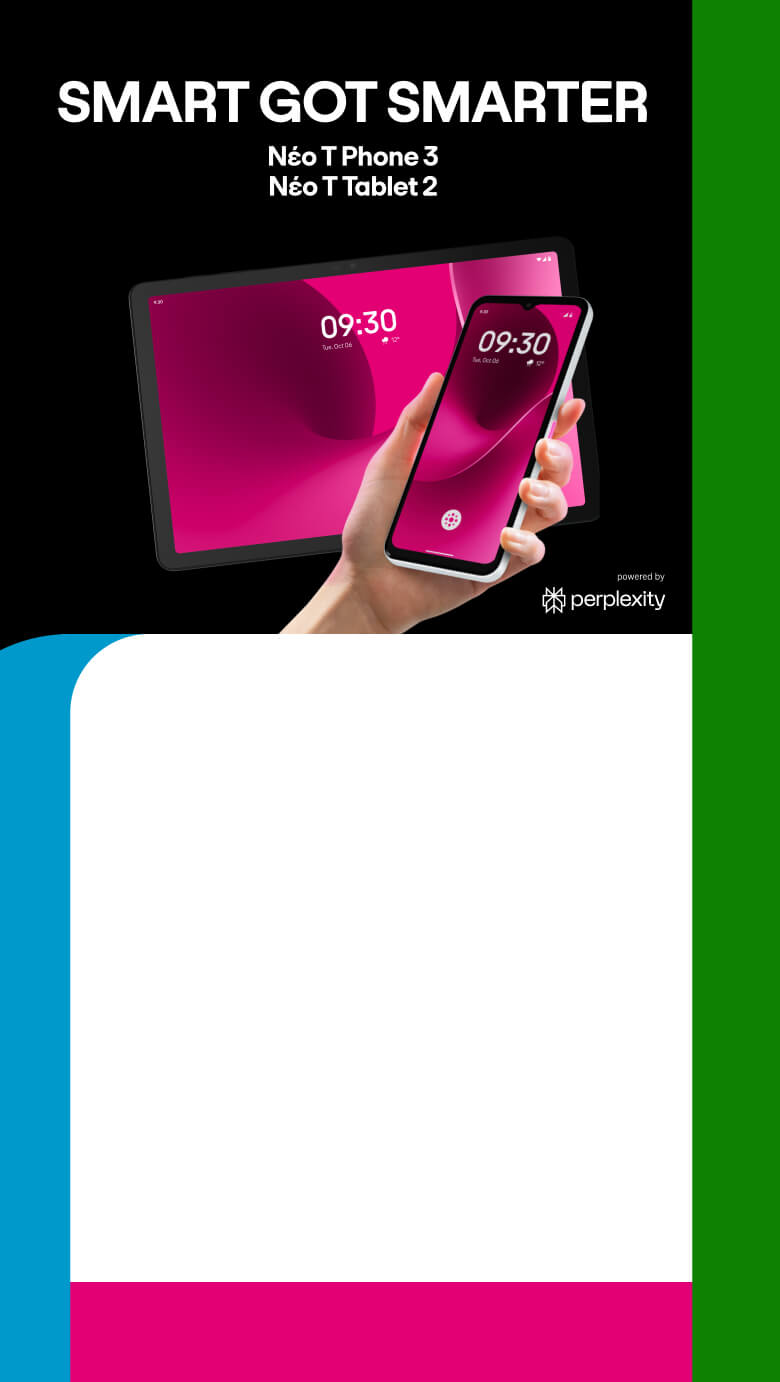 Διαφημιστικό banner για τα νέα T Phone 3 και T Tablet 2. Ένα χέρι κρατά το T phone 3 μπροστά από το T Tablet 2. Το κείμενο αναφέρει: 'SMART GOT SMARTER.  