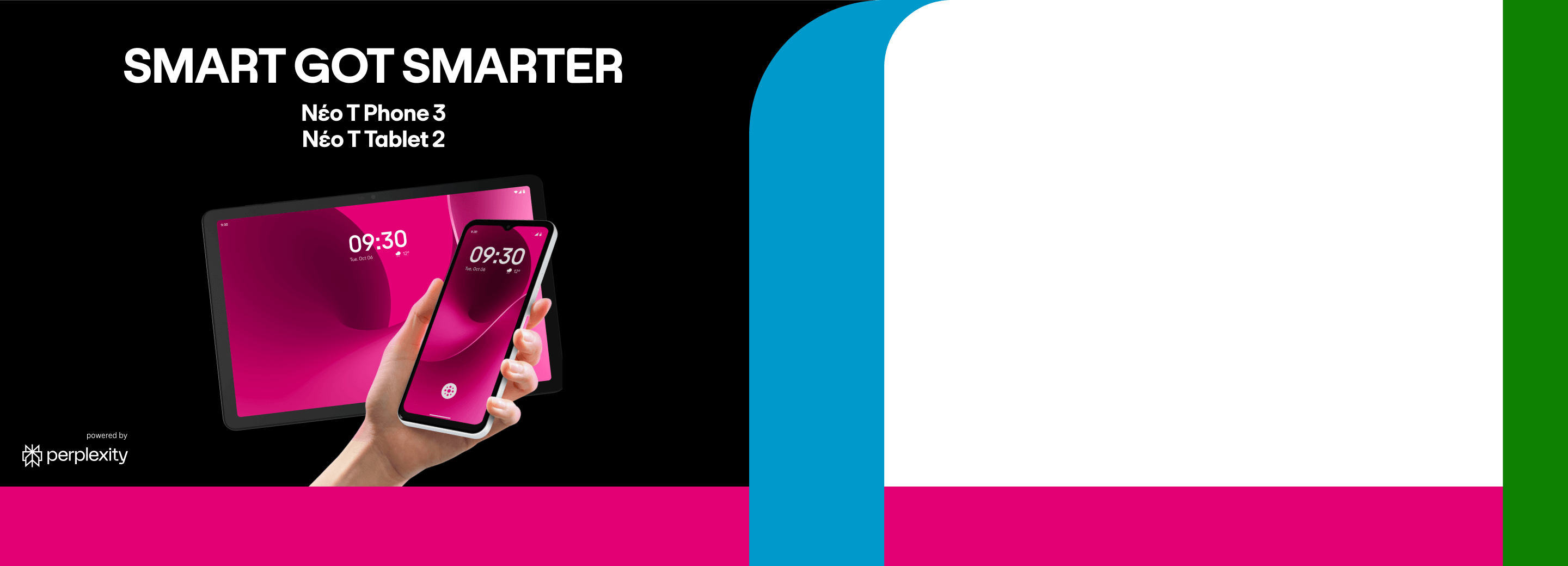 Διαφημιστικό banner για τα νέα T Phone 3 και T Tablet 2. Ένα χέρι κρατά το T phone 3 μπροστά από το T Tablet 2. Το κείμενο αναφέρει: 'SMART GOT SMARTER.  