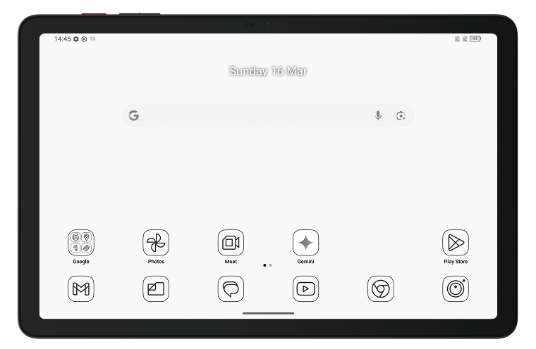 Η οθόνη ενός tablet στη λειτουργία 'Ink paper'. Η οθόνη είναι ασπρόμαυρη, μιμούμενη την εμφάνιση ηλεκτρονικού μελανιού (e-ink) με λευκό φόντο και μαύρα εικονίδια-περιγράμματα.  