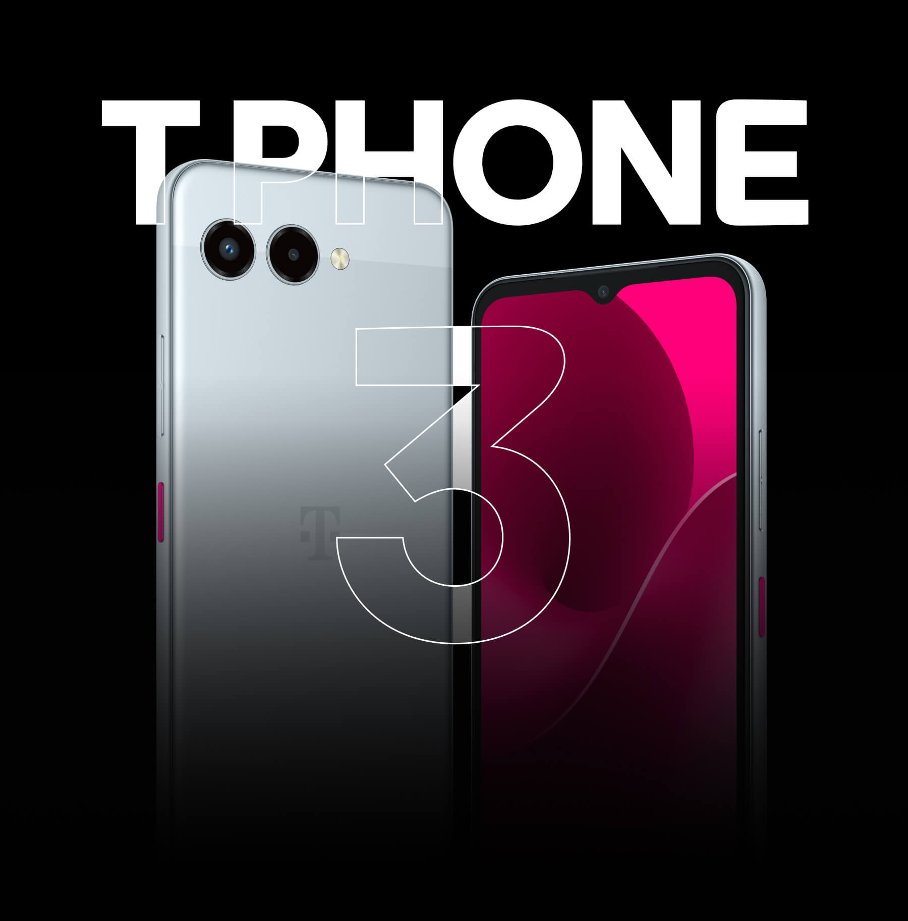 H εικόνα του T Phone 3. Δείχνει την ασημί πλάτη με λογότυπο Τelekom και τη φωτισμένη οθόνη της συσκευής, με τον αριθμό 3 να δεσπόζει στο κέντρο.