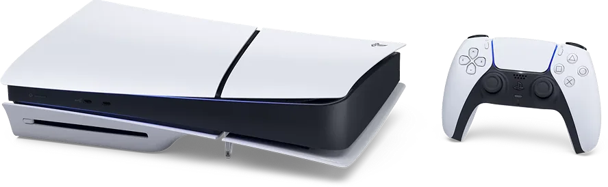 Μια κονσόλα PlayStation 5 και ένα χειριστήριο DualSense. 