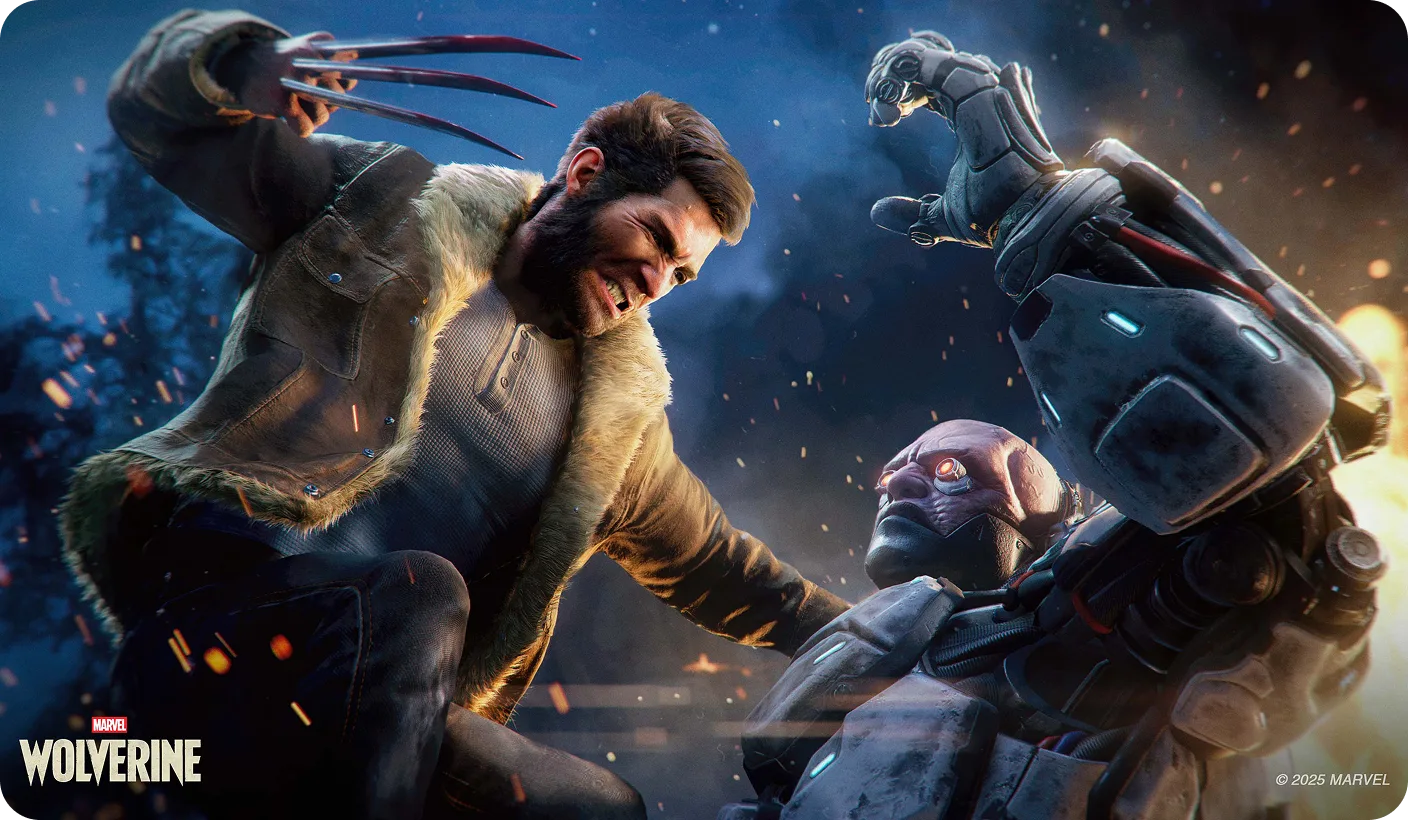 Ο Wolverine (ως Λόγκαν) σε ένα χιονισμένο τοπίο, παλεύει ενάντια σε έναν μεγάλο ρομποτικό εχθρό.