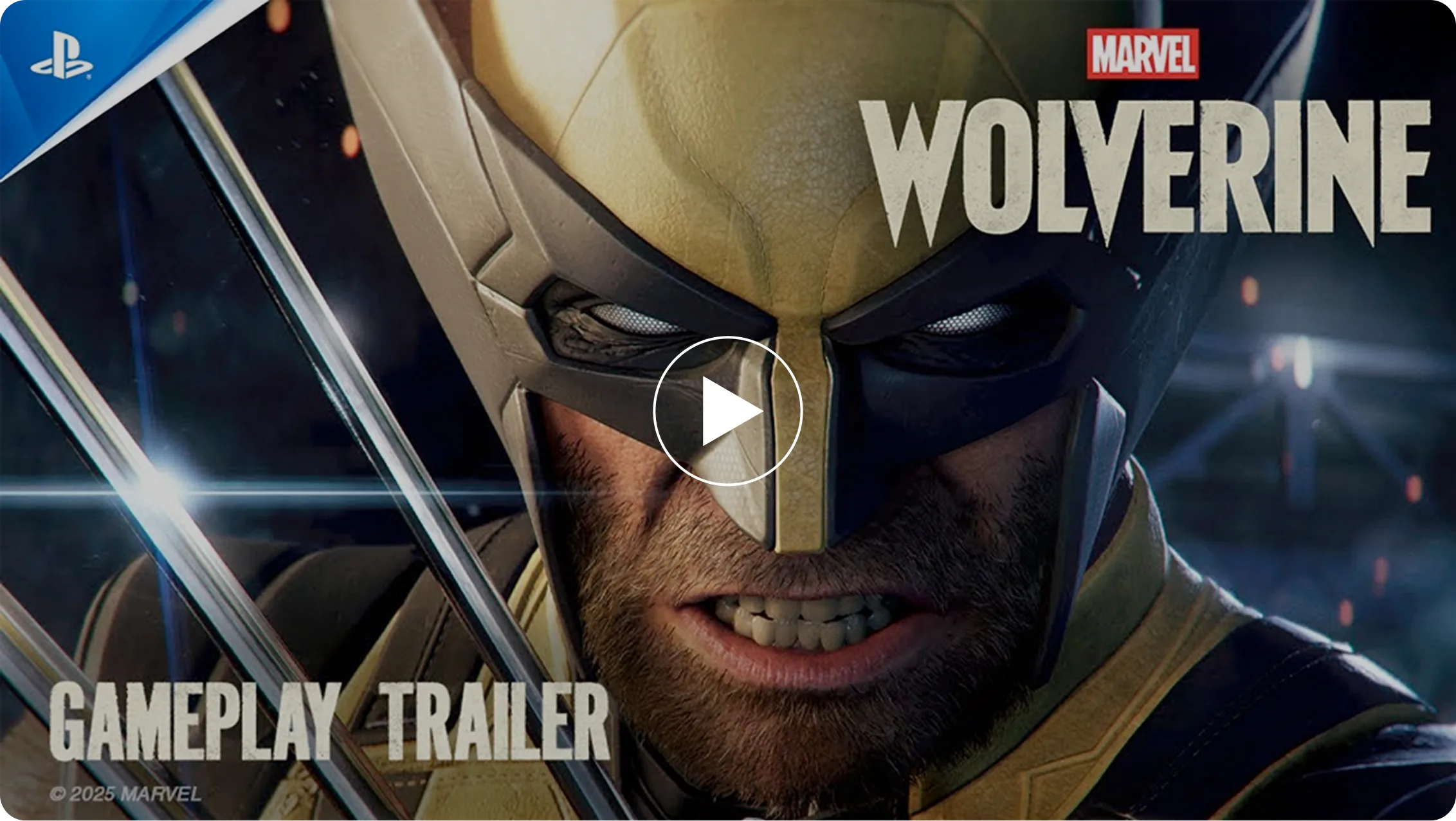 Trailer για το νέο παιχνίδι Wolverine. Κοντινό στο πρόσωπο του χαρακτήρα με ένα εικονίδιο play στο κέντρο.
