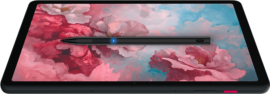 Η γραφίδα T-Pen βρίσκεται οριζόντια πάνω στην οθόνη ενός tablet, η οποία δείχνει μια καλλιτεχνική, πολύχρωμη εικόνα με λουλούδια.  