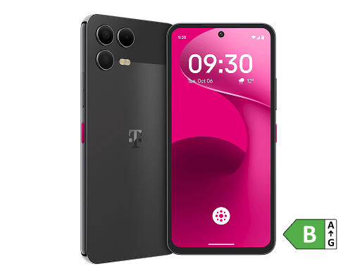 H εικόνα του T Phone 3 Pro. Δείχνει την πλάτη με λογότυπο Τelekom και τη φωτισμένη οθόνη της συσκευής, με την αναφορά Pro να δεσπόζει στο κέντρο.