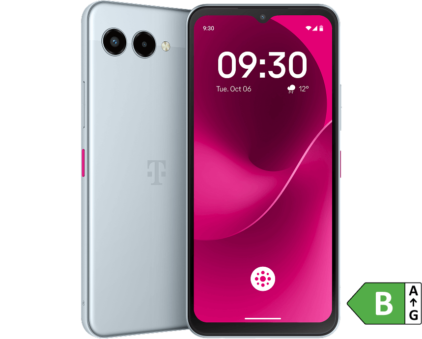 Εικόνα του T Phone 3. Δείχνει την πρόσοψη με τη φωτισμένη οθόνη και την ασημί πλάτη της συσκευής. Στην εικόνα περιλαμβάνεται και η ετικέτα ενεργειακής απόδοσης, η οποία κατατάσσει τη συσκευή στην κλάση Β. 