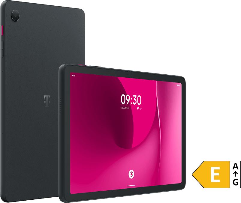 Εικόνα του T Tablet 2. Δείχνει την πρόσοψη με τη φωτισμένη οθόνη και την μαύρη πίσω όψη της συσκευής. Στην εικόνα περιλαμβάνεται και η ετικέτα ενεργειακής απόδοσης, η οποία κατατάσσει τη συσκευή στην κλάση Ε. 