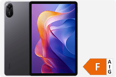 Το Redmi Pad 2 ενεργειακής κλάσης F, με ορατή την πίσω και την μπροστινή οθόνη.