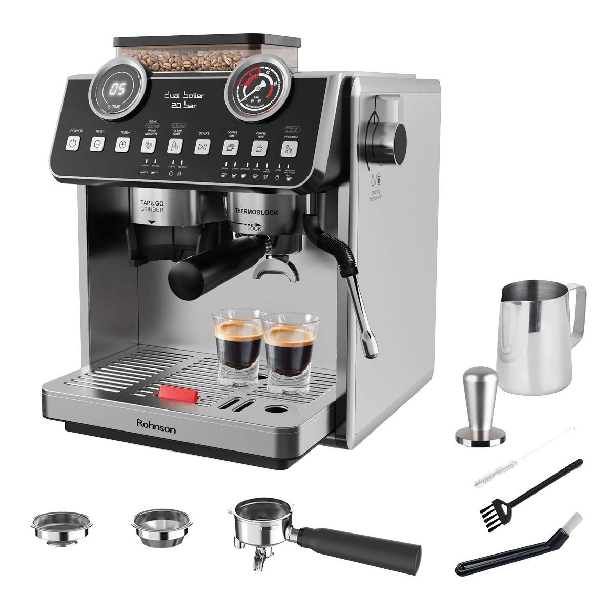 ROHNSON R-98200 Μηχανή Espresso με Μύλο Άλεσης 2800W Ασημί