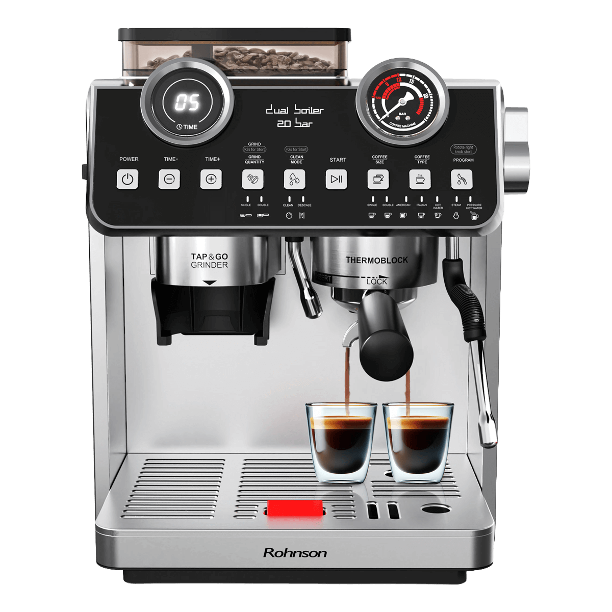 ROHNSON R-98200 Μηχανή Espresso με Μύλο Άλεσης 2800W Ασημί - 2