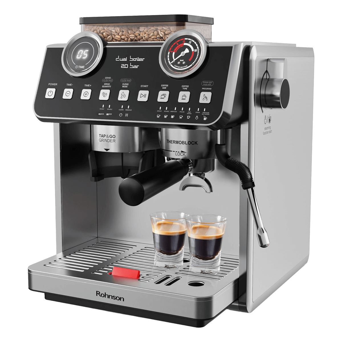 ROHNSON R-98200 Μηχανή Espresso με Μύλο Άλεσης 2800W Ασημί - 3