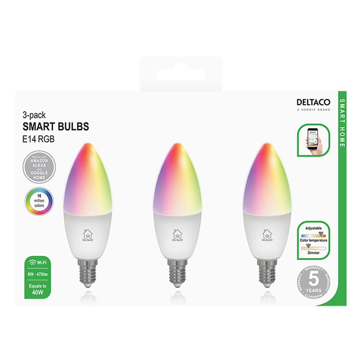 Έξυπνος Λαμπτήρας DELTACO LED E14 Candle Wi-Fi RGB 5W (3 Τεμάχια) - 3