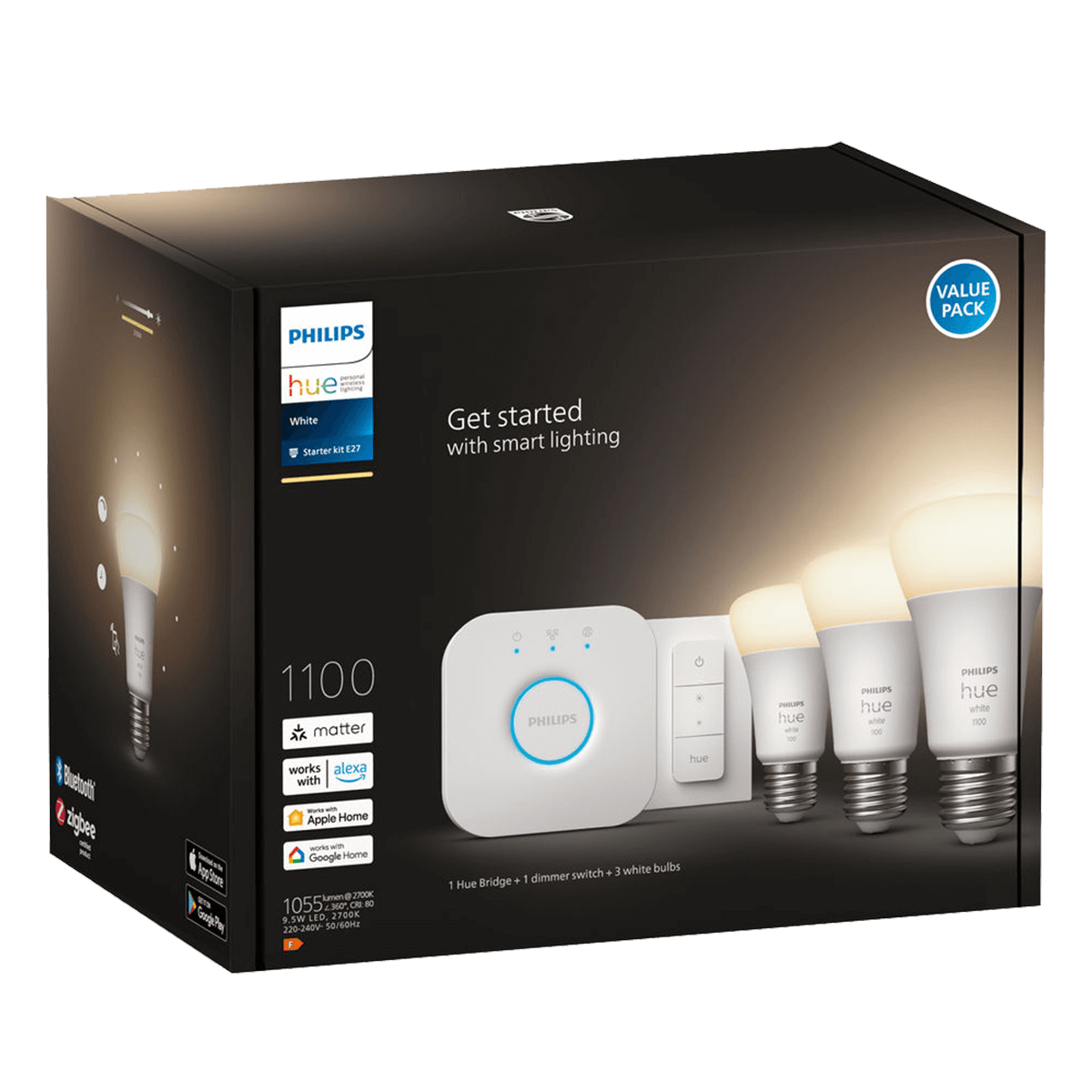 PHILIPS Hue White Ambiance Σετ με 3 Έξυπνους Λαμπτήρες 9.5W A60 E27 + Philips Hue Bridge + Διακόπτης Dimmer - 3