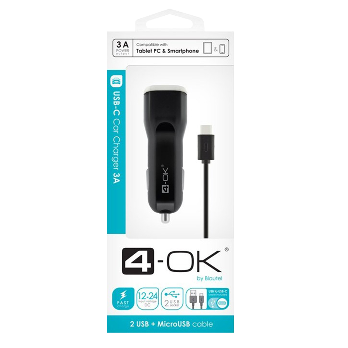 4-OK φορτιστής αυτοκινήτου 2xUSB Type A συν καλώδιο USB Type C