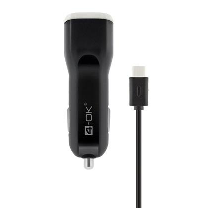 4OK car charger 2xUSB Type A_cable USB TYPE C