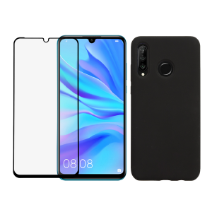 Θήκη σιλικόνης Μαύρη + γυαλί προστασίας οθόνης με πλαίσιο COSY για το HUAWEI P30 Lite