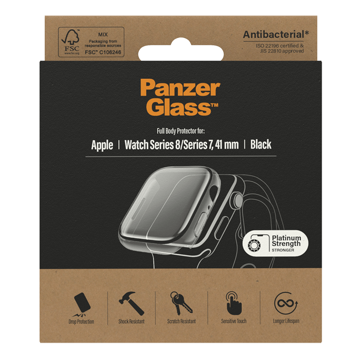 Γυαλί Προστασίας Οθόνης με Πλαίσιο PANZERGLASS Platinum Full Body Antibacterial Black για APPLE Watch Series 7/ 8 41mm - 4