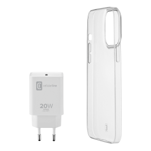 Πακέτο CELLULAR LINE Φορτιστής Ταξιδίου USB-C 20W + Διάφανη Θήκη για iPhone 13 Pro