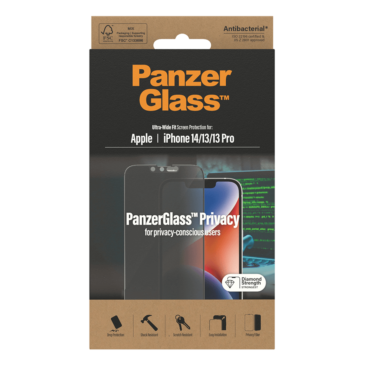 Γυαλί Προστασίας Οθόνης με Πλαίσιο PANZERGLASS Ultra - Wide Fit Privacy Antibacterial για iPhone 14/ 13/ 13 Pro - 3