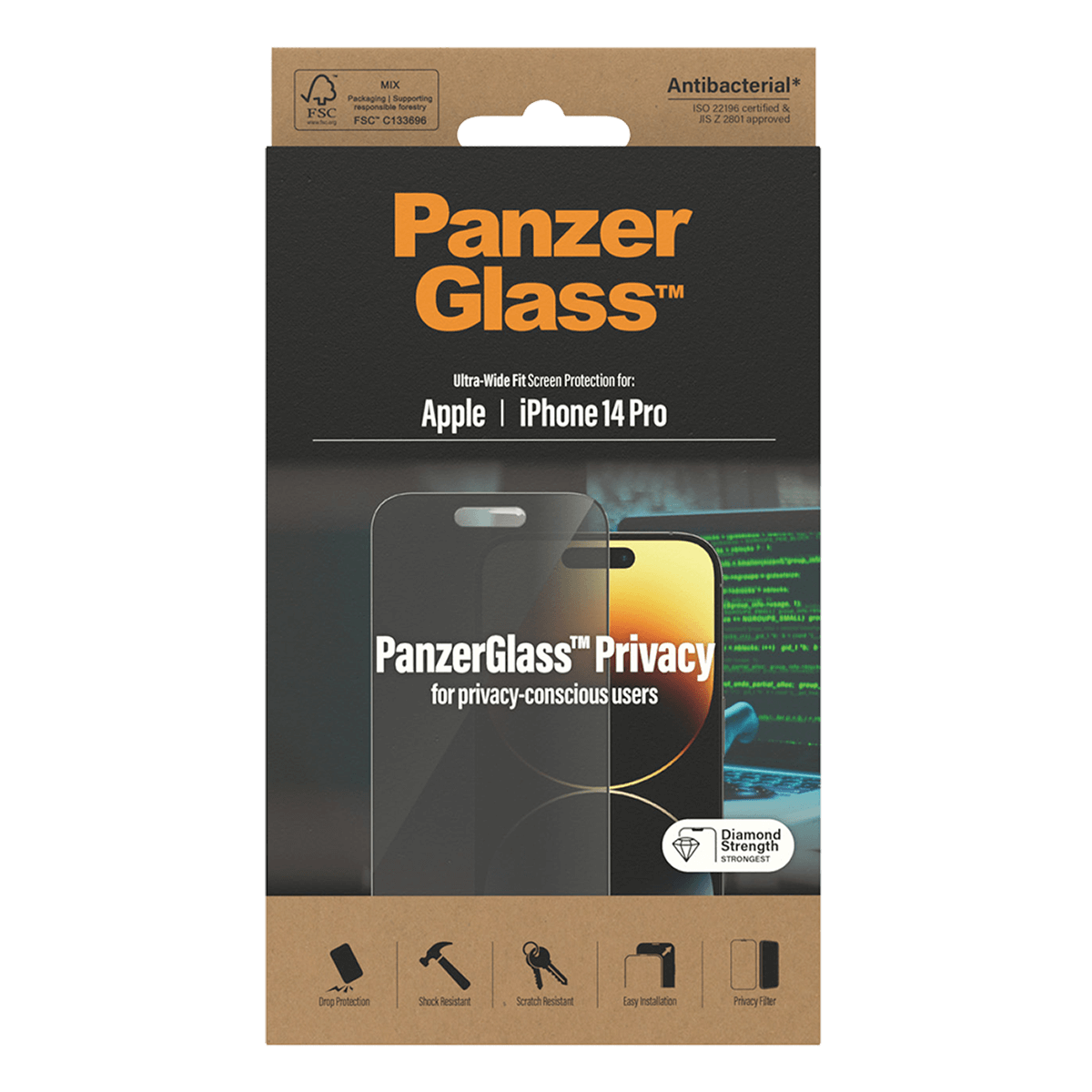 Γυαλί Προστασίας Οθόνης με Πλαίσιο PANZERGLASS Ultra - Wide Fit Privacy Antibacterial για iPhone 14 Pro - 3