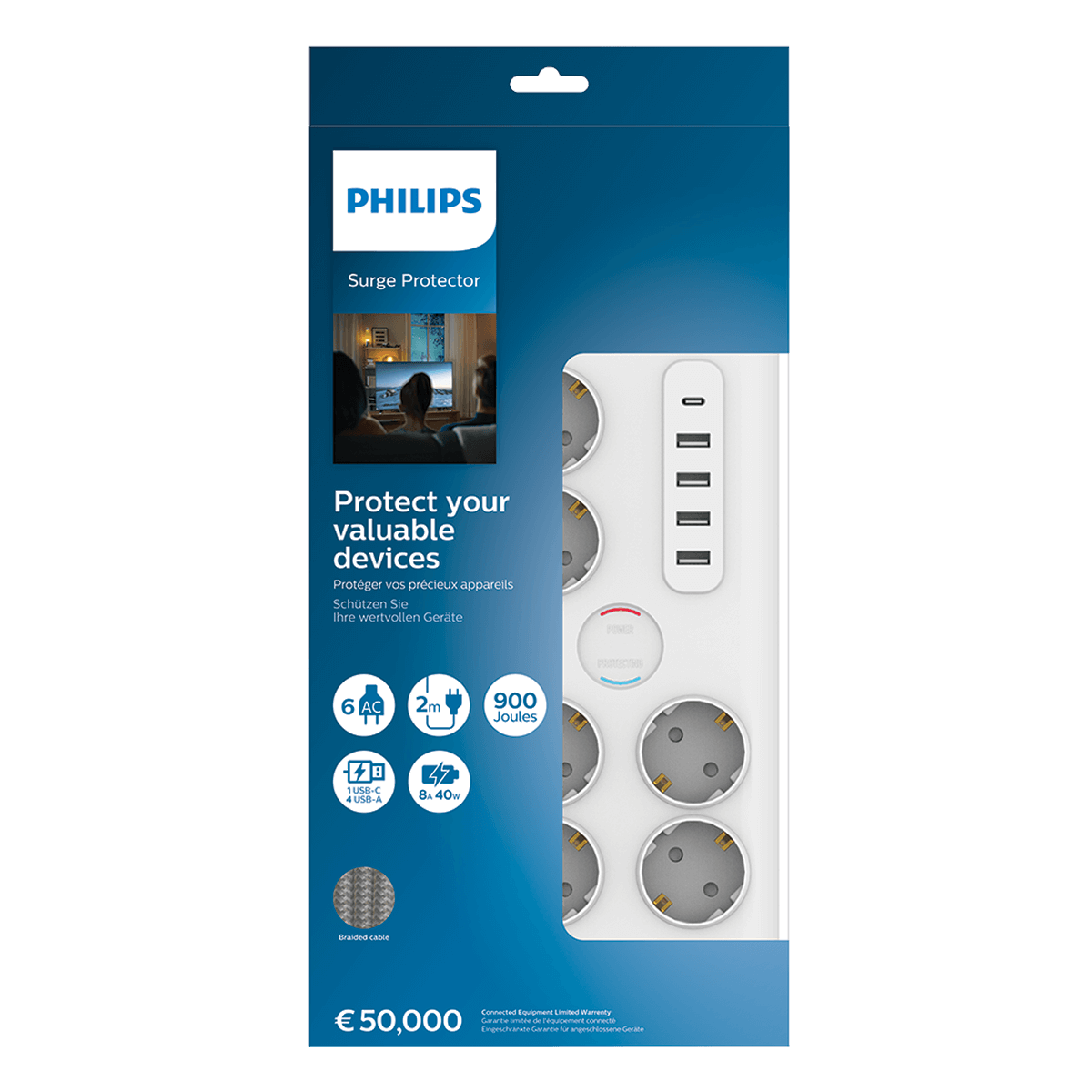 Πολύπριζο Ασφαλείας PHILIPS 6 Θέσεων με 5 Θύρες USB 2 Μέτρα Λευκό - 2