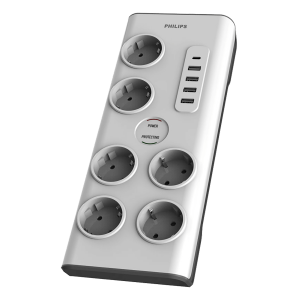 Πολύπριζο Ασφαλείας PHILIPS 6 Θέσεων με 5 Θύρες USB 2 Μέτρα