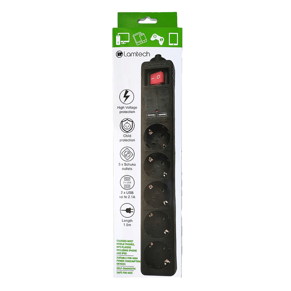 Πολύπριζο Ασφαλείας LAMTECH 5 Θέσεων με 2 Θύρες USB 1.5 Μέτρα Μαύρο - 2