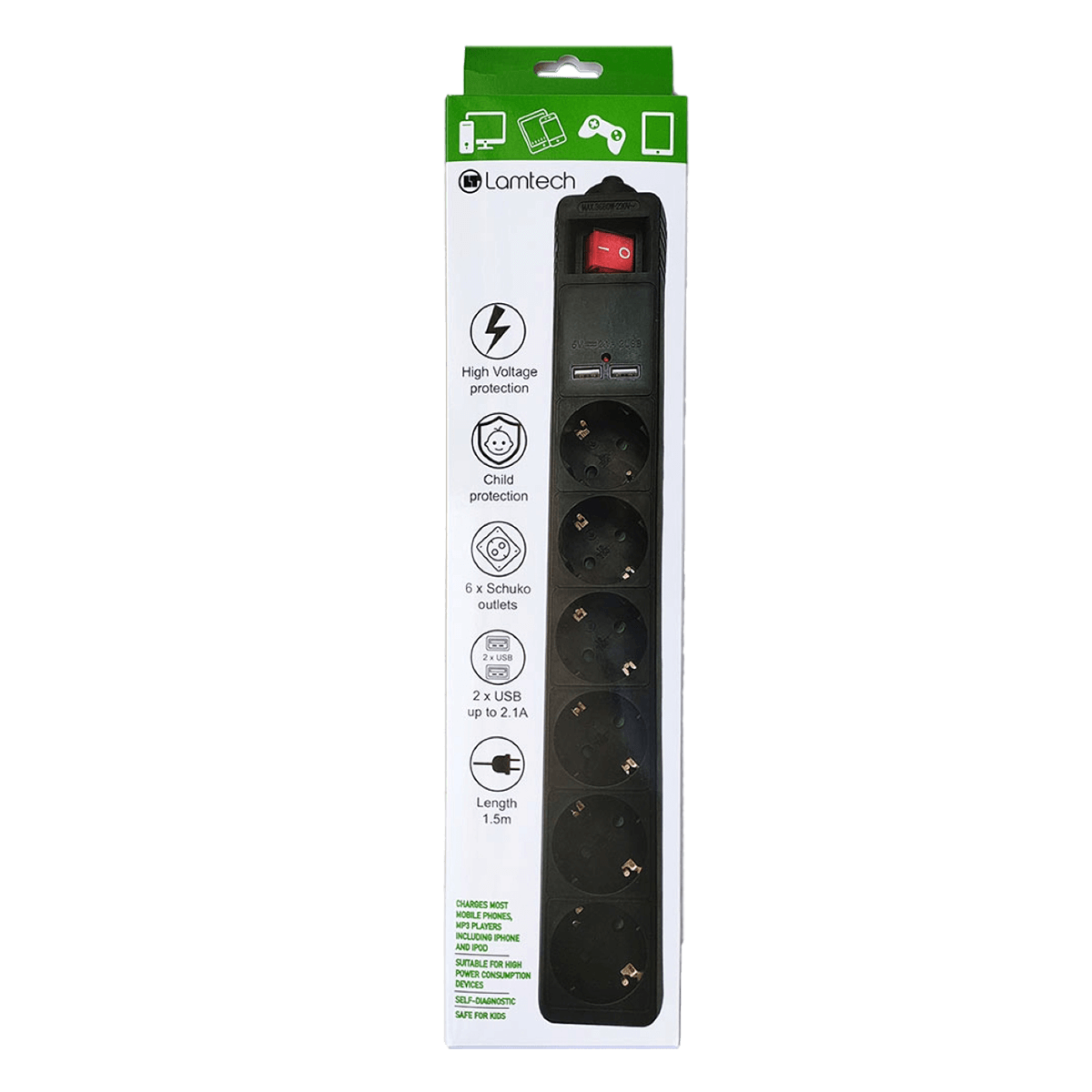 Πολύπριζο Ασφαλείας LAMTECH 6 Θέσεων με 2 Θύρες USB 1.5 Μέτρα Μαύρο - 2