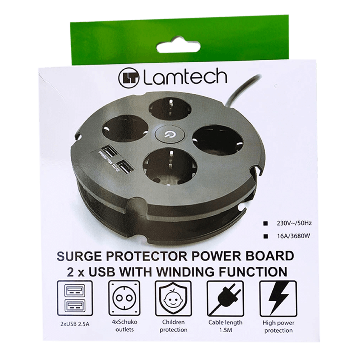 Πολύπριζο Ασφαλείας LAMTECH LAM112044 με Λειτουργία Περιέλιξης 4 Θέσεων + 2 Θύρες USB Μαύρο - 2