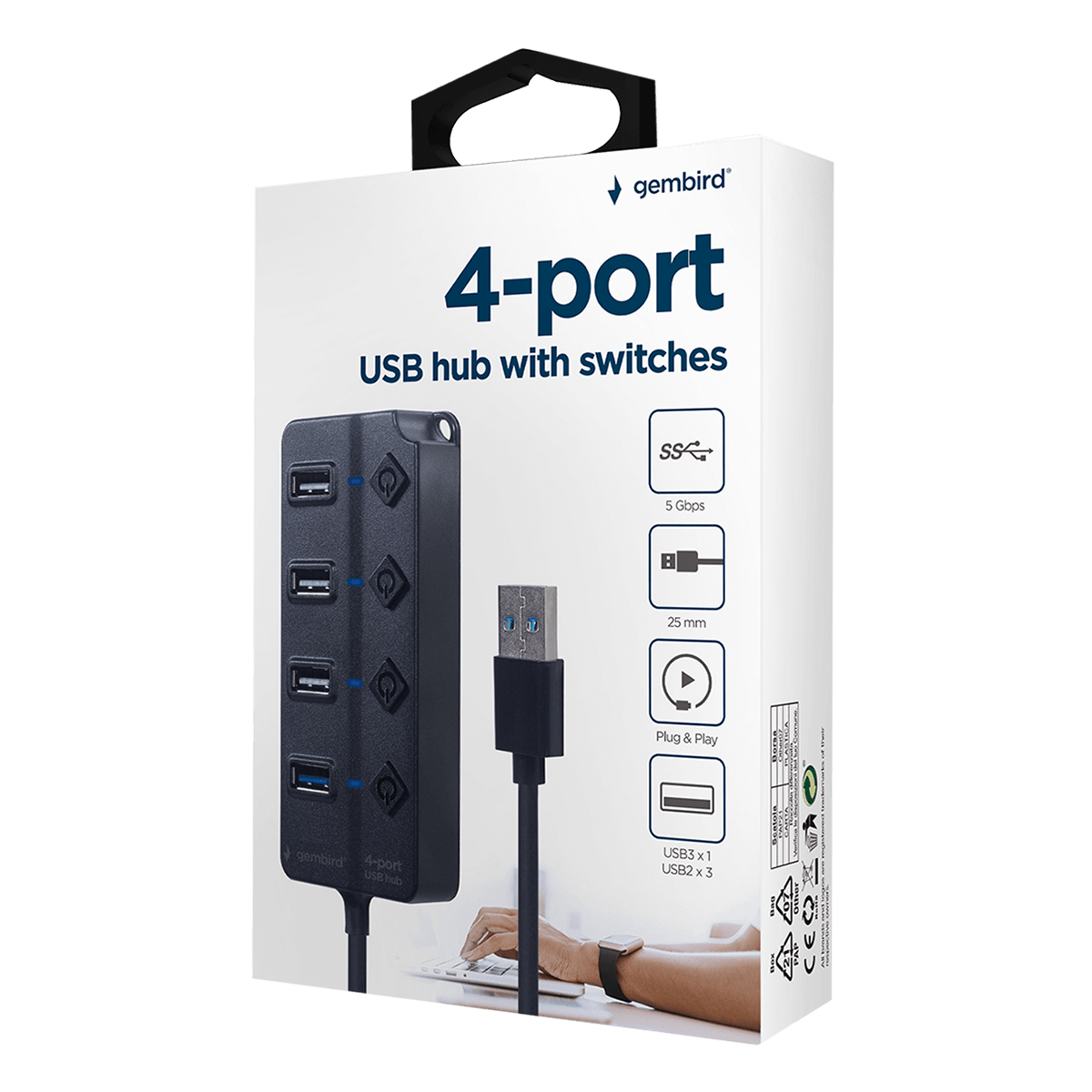 Hub USB 3.1/ USB 2.0 GEMBIRD με 4 Θύρες με Δια κόπτες Μαύρο - 4