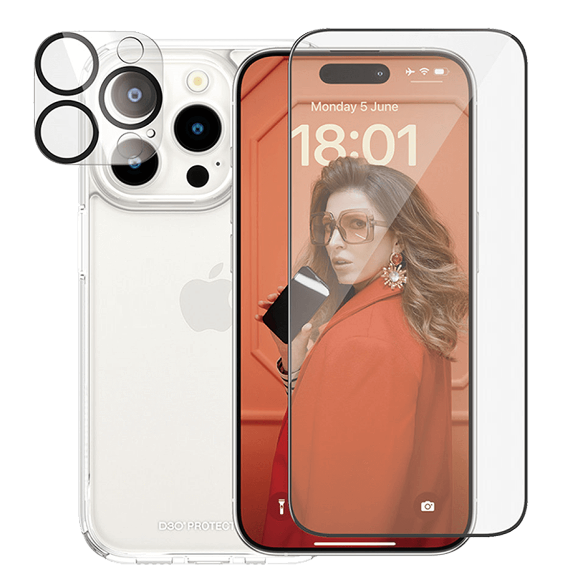 Γυαλ ί Προστασίας Κάμερας + Διάφανη Θήκη Hard Case + Γυαλί Προστασίας Οθόνης με Πλαίσιο για iPhone 15 Pro PANZERGLASS