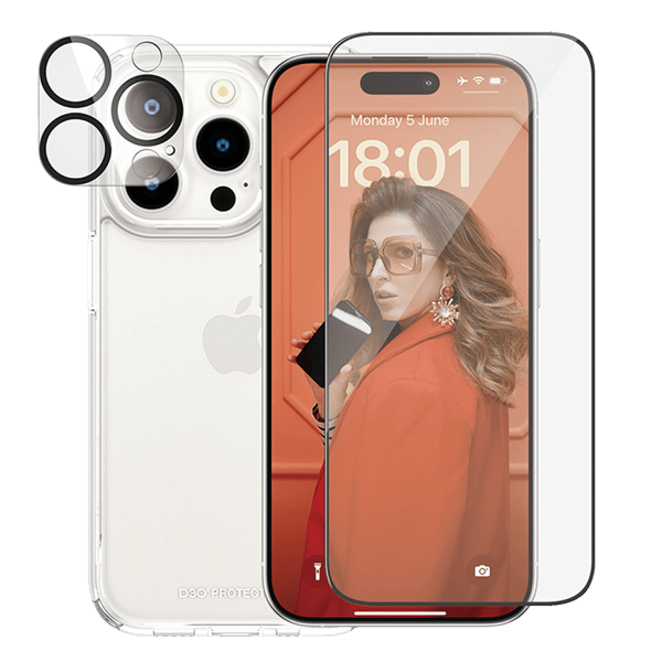 Γυαλί Προστασίας Κάμερας + Διάφανη Θήκη Hard Case + Γυαλί Προστασίας Οθόνης με Πλαίσιο για iPhone 15 Pro PANZERGLASS