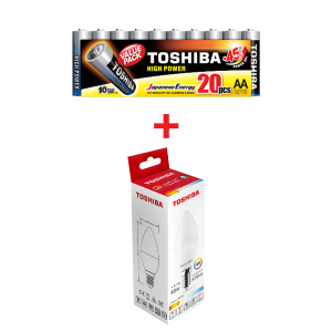 Αλκαλικές Μπαταρίες TOSHIBA LR06 AΑ (20 Τεμάχια) + Λαμπτήρας LED TOSHIBA C37 E14 4.7W