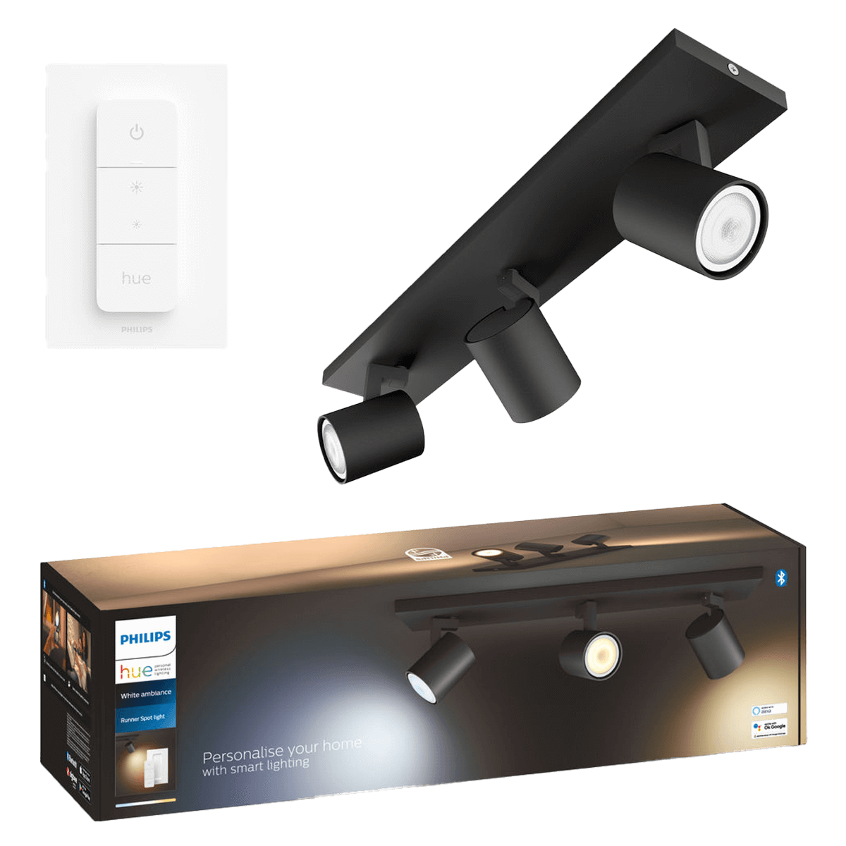 PHILIPS Hue White Ambiance Runner Τριπλό Σποτ + Διακόπτης Dimmer Μαύρο