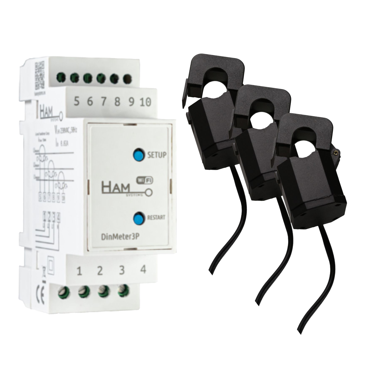 HAM SYSTEMS DinMeter3P Wi-Fi Τριφασικός Μετρητής και Αναλυτής Ρεύματος Ράγας με Μ/Τ 3x80A