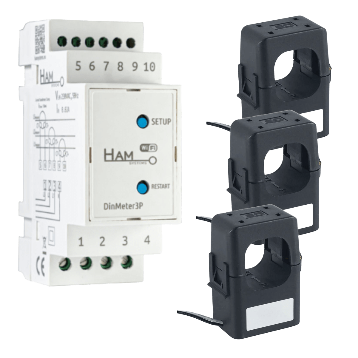 HAM SYSTEMS DinMeter3P Wi-Fi Τριφασικός Μετρητής και Αναλυτής Ρεύματος Ράγας με Μ/Τ 3x150A