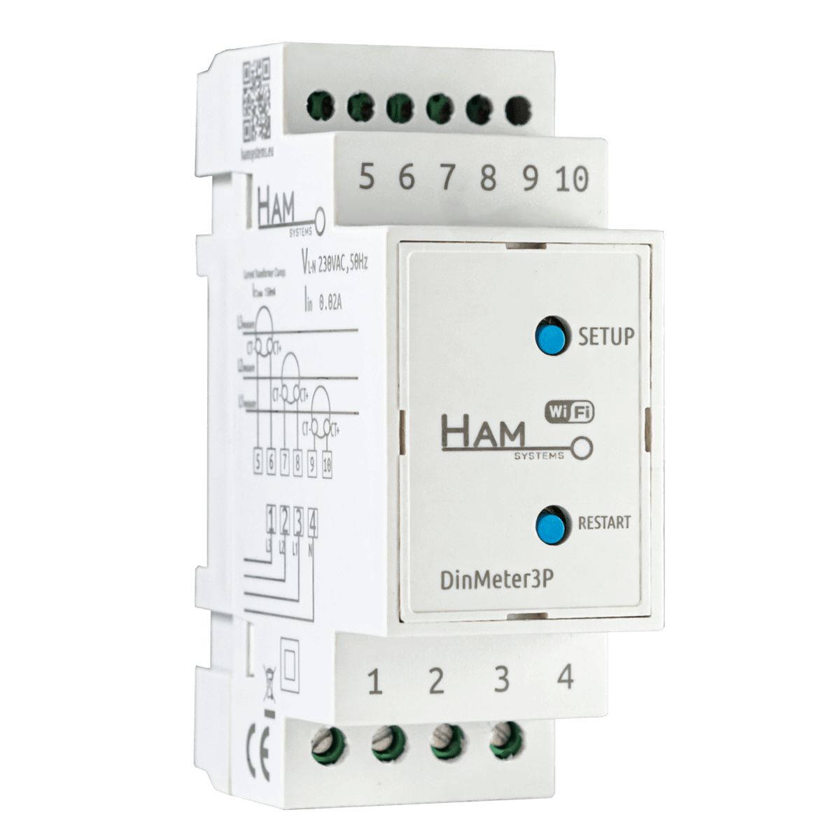 HAM SYSTEMS DinMeter3P Wi-Fi Τριφασικός Μετρητής και Αναλυτής Ρεύματος Ράγας με Μ/Τ 3x150A - 3