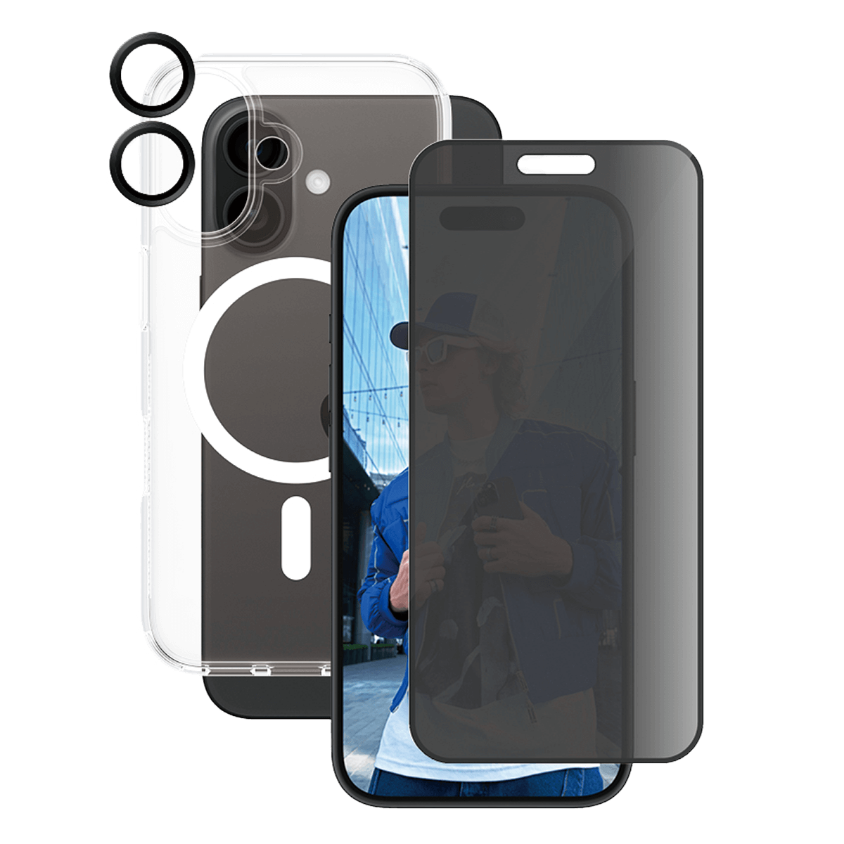 Γυαλί Προστασίας Οθόνης Ultra - Wide Fit Privacy + Φακοί Προστασίας Κάμερας με Πλαίσιο + Διάφανη Θήκη Hard Case MagSafe PANZERGLASS για iPhone 16