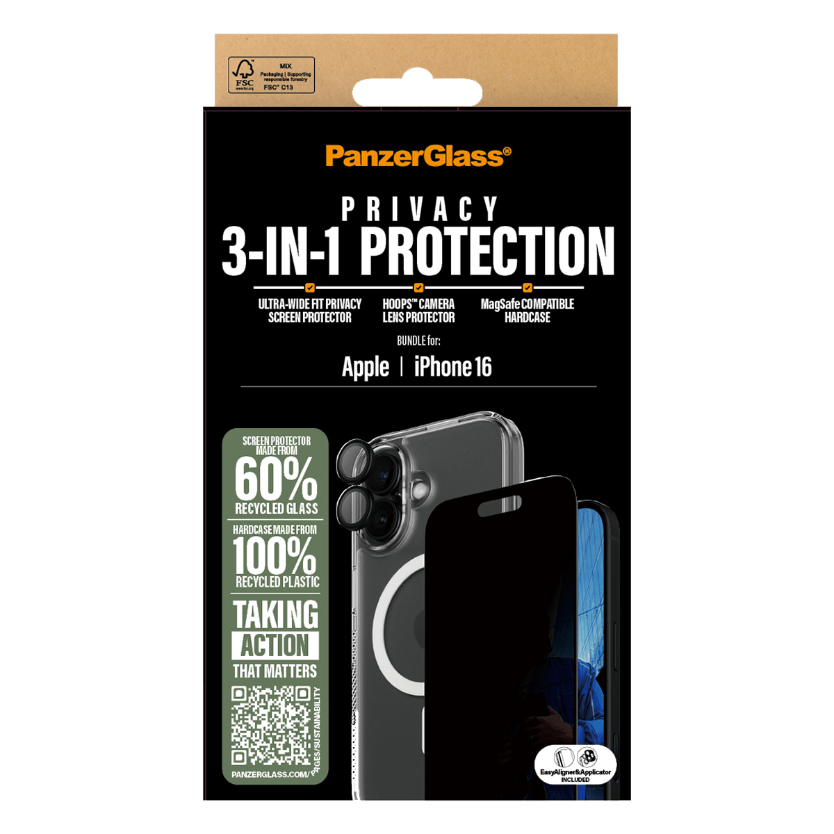 Γυαλί Προστασίας Οθόνης Ultra - Wide Fit Privacy + Φακοί Προστασίας Κάμερας με Πλαίσιο + Διάφανη Θήκη Hard Case MagSafe PANZERGLASS για iPhone 16 - 4