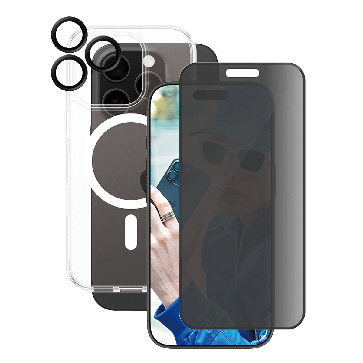 Γυαλί Προστασίας Οθόνης Ultra - Wide Fit Privacy + Φακοί Προστασίας Κάμερας με Πλαίσιο + Διάφανη Θήκη Hard Case MagSafe PANZERGLASS για iPhone 16 Pro
