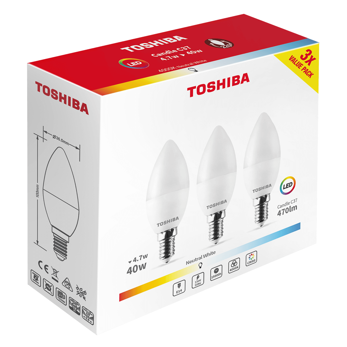 Λαμπτήρας LED TOSHIBA C37 E14 4.7W 4000K (3 Τεμάχια)