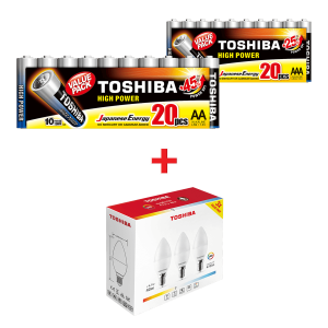 Αλκαλικές Μπαταρίες TOSHIBA LR06 AΑ (20 Τεμάχια) + Αλκαλικές Μπαταρίες TOSHIBA LR03 AAΑ (20 Τεμάχια) + Λαμπτήρας LED TOSHIBA C37 E14 4.7W (3 Τεμάχια)