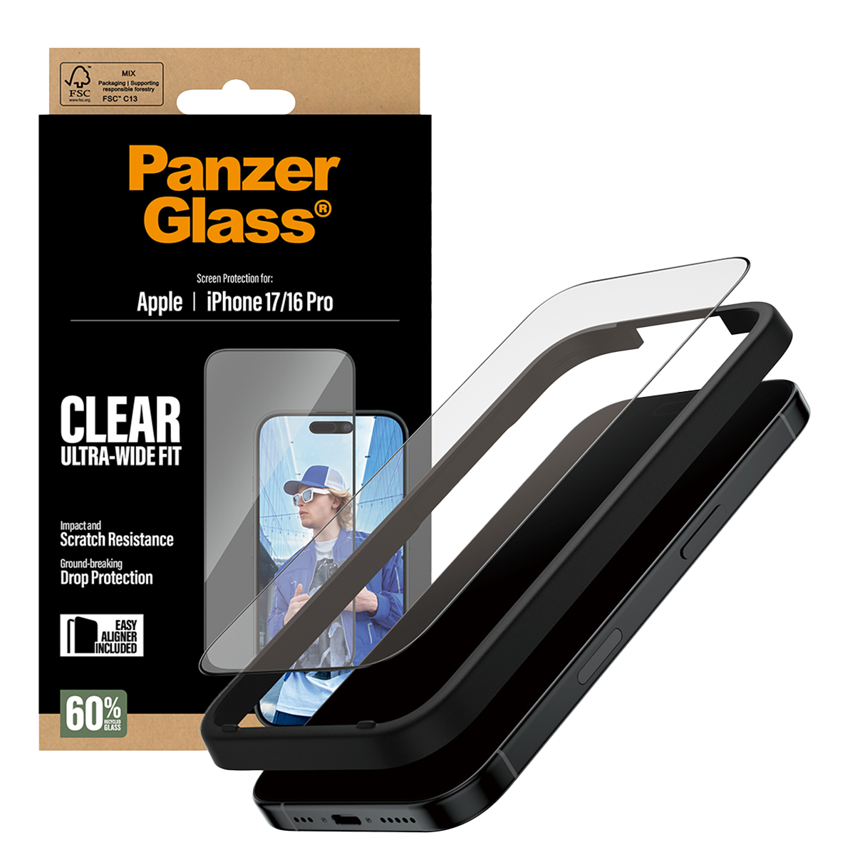 Γυαλί Προστασίας Οθόνης με Πλαίσιο PANZERGLASS Clear Ultra - Wide Fit για iPhone 17/ 16 Pro - 4